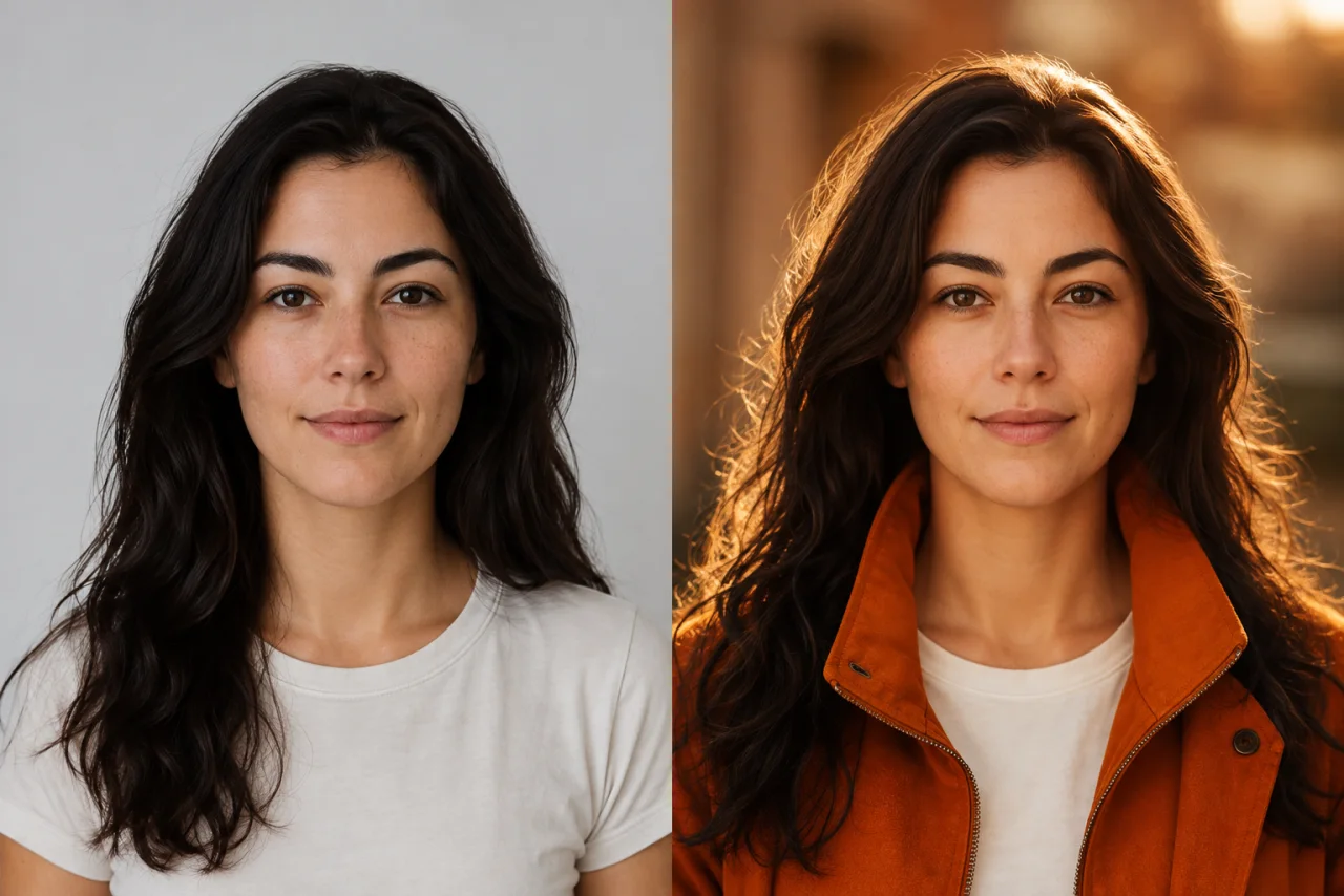 Before: Portrait restyled with warm cinematic lighting and an orange jacket